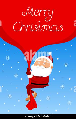 Christmas greeting card. Santa Claus pulls sack with presents. Vector illustration. Stock Vector