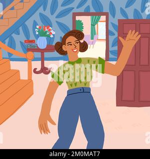 Woman smiling and greeting the guests near the entrance. Happy housewife inside the beautiful home. . Vector illustration Stock Vector