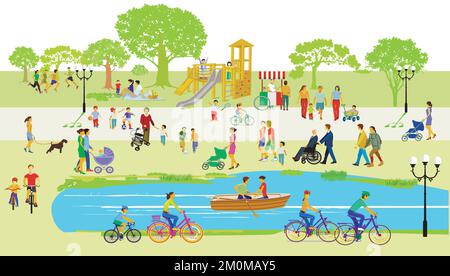 Recreation in the park with families and other people, illustration Stock Vector