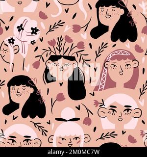 Vector seamless pattern with romantic women portraits, flowers, heats in pastel colors. Romantic girls pattern. Vector illustration Stock Vector