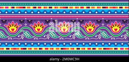 Pakistani and Indian floral truck art vector seamless long horizontal pattern, Indian Diwali traditional floral design with flowers, leaves and abstra Stock Vector