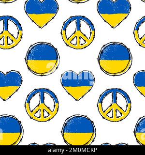 Ukraine symbols textured seamless pattern. Background in Ukrainian flag yellow and blue colors. Vector illustration Stock Vector