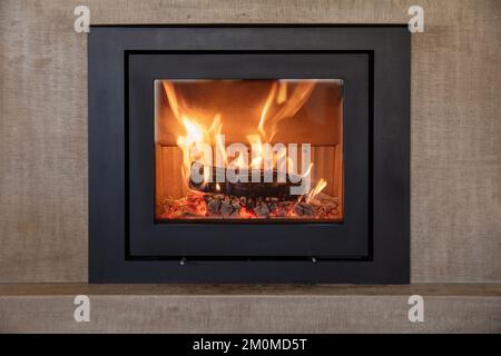 Burning fireplace, front view. Energy wood logs fireside, glass door and cast iron frame on marble stone wall background. Stock Photo