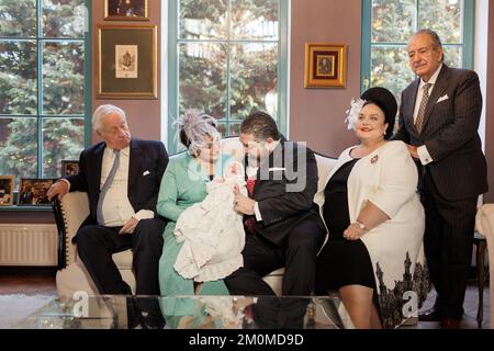 Moscow, Russia, 06/12/2022, Grand Duke George Mikhailovich of Russia, (Georgi Mikhailovich Romanov) and Princess Victoria Romanovna pose in family with HIH Grand Duchess Maria of Russia, Head of the Imperial Family of Russia, HRH Prince Franz Whilhelm of Prussia, Mrs Roberto Bettarini ( father of Princess Victoria Romanovna ) after the Imperial Christening of Prince Alexandre Georgievitch Romanov at their home of Moscow, on December 06, 2022 in Moscow, Russia. The Sacrament of Christening in the Christian Orthodox tradition takes place 40 days after the child is born. December 6th is the day o Stock Photo