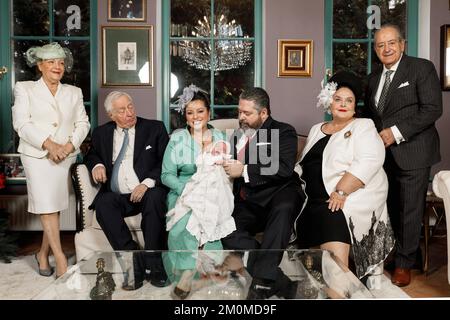 Moscow, Russia, 06/12/2022, Grand Duke George Mikhailovich of Russia, (Georgi Mikhailovich Romanov) and Princess Victoria Romanovna pose in family with HIH Grand Duchess Maria of Russia, Head of the Imperial Family of Russia, HRH Prince Franz Whilhelm of Prussia, Mr and Mrs Roberto Bettarini ( parents of Princess Victoria Romanovna ) after the Imperial Christening of Prince Alexandre Georgievitch Romanov at their home of Moscow, on December 06, 2022 in Moscow, Russia. The Sacrament of Christening in the Christian Orthodox tradition takes place 40 days after the child is born. December 6th is t Stock Photo