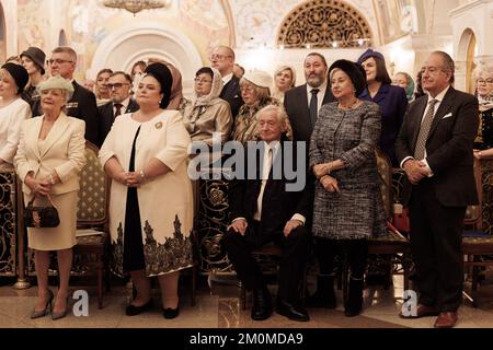 Moscow, Russia, 06/12/2022, HIH Grand Duchess Maria of Russia, Head of the Imperial Family of Russia, Mrs Roberto Bettarini (mother of Princess Victoria Romanovna), HRH Prince Franz Whilhelm of Prussia, Princess Nadia of Prussia (his second wife of Prince Franz Whilhelm of Prussia) and Mr Roberto Bettarini (father of Princess Victoria Romanovna) attend the Imperial Christening of Prince Alexandre Georgievitch Romanov celebrated by Metropolitan Dionysus at Cathedral of Christ the Saviour, on December 06, 2022 in Moscow, Russia. The Sacrament of Christening in the Christian Orthodox tradition ta Stock Photo