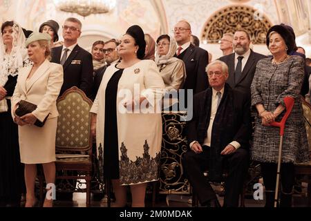 Moscow, Russia, 06/12/2022, HIH Grand Duchess Maria of Russia, Head of the Imperial Family of Russia, Mrs Roberto Bettarini (mother of Princess Victoria Romanovna), HRH Prince Franz Whilhelm of Prussia and Princess Nadia of Prussia (his second wife of Prince Franz Whilhelm of Prussia) attend the Imperial Christening of Prince Alexandre Georgievitch Romanov celebrated by Metropolitan Dionysus at the Cathedral of Christ the Saviour, on December 06, 2022 in Moscow, Russia. The Sacrament of Christening in the Christian Orthodox tradition takes place 40 days after the child is born. December 6th is Stock Photo