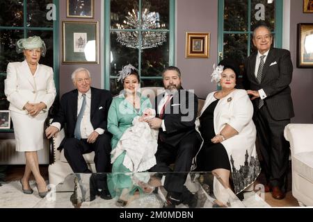 Moscow, Russia, 06/12/2022, Grand Duke George Mikhailovich of Russia, (Georgi Mikhailovich Romanov) and Princess Victoria Romanovna pose in family with HIH Grand Duchess Maria of Russia, Head of the Imperial Family of Russia, HRH Prince Franz Whilhelm of Prussia, Mr and Mrs Roberto Bettarini ( parents of Princess Victoria Romanovna ) after the Imperial Christening of Prince Alexandre Georgievitch Romanov at their home of Moscow, on December 06, 2022 in Moscow, Russia. The Sacrament of Christening in the Christian Orthodox tradition takes place 40 days after the child is born. December 6th is t Stock Photo