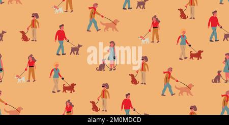 Vector seamless pattern with dog walkers walking the dogs on beige background. Dig owners and dogs on the walk. Dog pattern. Vector illustration Stock Vector