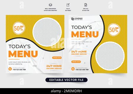 Restaurant menu promotion template design for social media marketing. Culinary food promo template vector with photo placeholders. Restaurant poster d Stock Vector