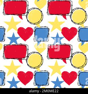 Textured seamless pattern with stars, hearts and speech bubbles. Vector illustration in sketch style Stock Vector