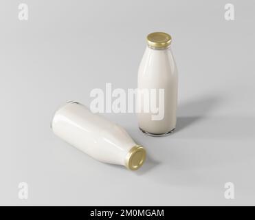 Milk tea in a clear glass bottle, a glass bottle of milk mockup, 3d rendering, 3d modeling Stock Photo
