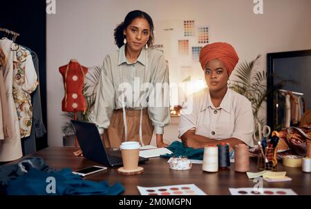 Portrait, fashion and design with women seamstress team working, planning and vision in their startup. Teamwork, partnership and workshop with a Stock Photo