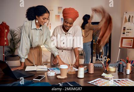 Designer, team creative collaboration and fashion designers working in studio for brainstorming, planning design and business people teamwork Stock Photo
