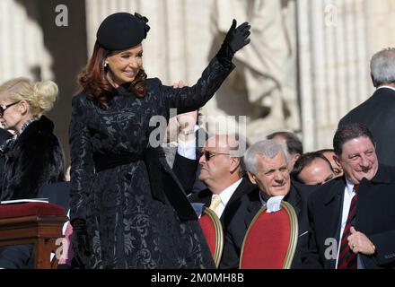 President of Argentina Cristina Fernández de Kirchne. Argentina's President Cristina Fernandez de Kirchner arrives for the inauguration mass of Pope Francis waves from the papamobile during his inauguration mass at St Peter's square on March 19, 2013 at the Vatican. Stock Photo