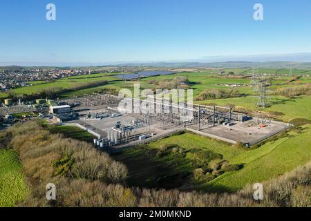 Weymouth, Dorset, UK.  7th December 2022.  UK Weather.  View from the air of the National Grid electricity sub station at Chickerell in Weymouth on a cold, sunny winters day.  Picture Credit: Graham Hunt/Alamy Live News Stock Photo