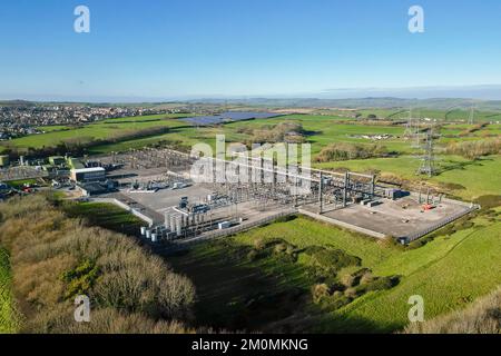 Weymouth, Dorset, UK.  7th December 2022.  UK Weather.  View from the air of the National Grid electricity sub station at Chickerell in Weymouth on a cold, sunny winters day.  Picture Credit: Graham Hunt/Alamy Live News Stock Photo