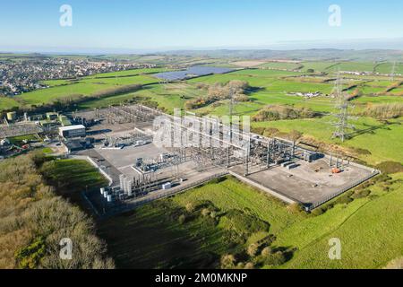 Weymouth, Dorset, UK.  7th December 2022.  UK Weather.  View from the air of the National Grid electricity sub station at Chickerell in Weymouth on a cold, sunny winters day.  Picture Credit: Graham Hunt/Alamy Live News Stock Photo