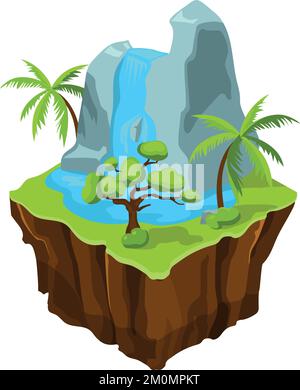Isometric waterfall on flying island. Cartoon game location Stock Vector