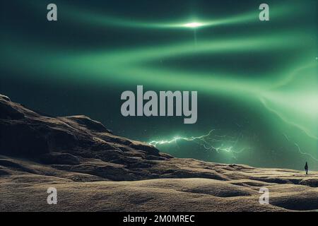 Splendid scenic night of vibrant color starry galaxy universe in bizarre sky horizon with a person on the ground. A man with background of space and Stock Photo