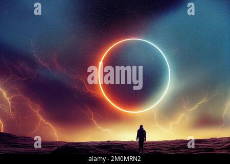 Splendid scenic night of vibrant color starry galaxy universe in bizarre sky horizon with a person on the ground. A man with background of space and Stock Photo