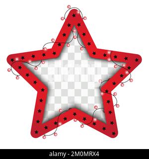 Merry Christmas bright lights on red star frame. Template with realistic lights on transparent background. Star with realistic lights garland on trans Stock Vector