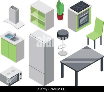 Kitchen furniture set. Isometric home decoration elements Stock Vector