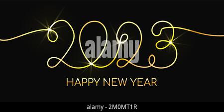 2023 continuous line greeting card. Vector New Year card with calligraphy gold shine lettering Stock Vector