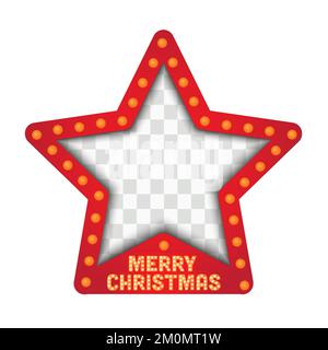 Merry Christmas stars frames and marquee lights. Template with realistic lights on transparent background. Star with marquee lights on transparent bac Stock Vector