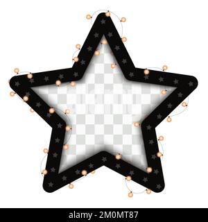 Merry Christmas bright lights on black star frame. Template with realistic lights on transparent background. Star with realistic lights garland on tra Stock Vector