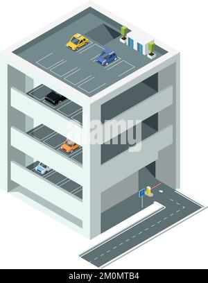 Isometric multi-level parking garage filled with various colored cars ...