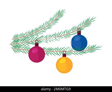Christmas tree decorations. Colorful decor balls on fir tree branches. Isolated vector illustration on white background. Element for Xmas designs, gre Stock Vector
