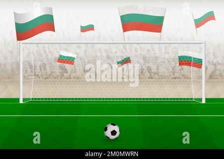 Bulgaria football team fans with flags of Bulgaria cheering on stadium, penalty kick concept in a soccer match. Sports vector illustration. Stock Vector