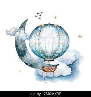 Ship with hot air balloon in the clouds under the moon and birds watercolor illustration. Good night print for wallpaper. Follow your dream Stock Photo