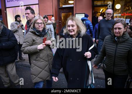 French author Annie Ernaux, winner of the Nobel Prize for Literature, leaving Soderbokhandeln in Stockholm Sweden, December 7, 2022, after her book si Stock Photo