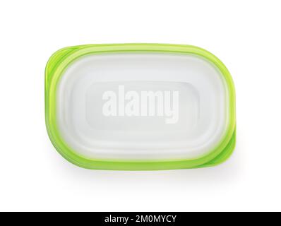 Top view of plastic food storage container with green lid isolated on white Stock Photo