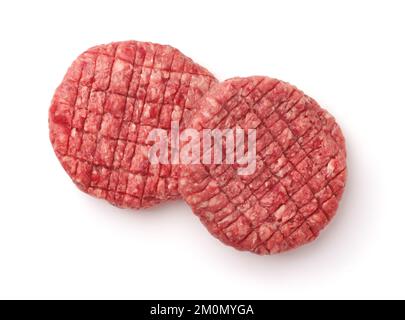 Top view of two fresh raw burger patties isolated on white Stock Photo