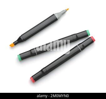 Top view of three double sided permanent marker pens isolated on white Stock Photo