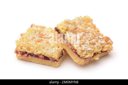 Two pieces of freshly baked crumb cake with fruit jam isolated on white Stock Photo