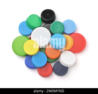 Top view of colorful plastic bottle caps isolated on white Stock Photo