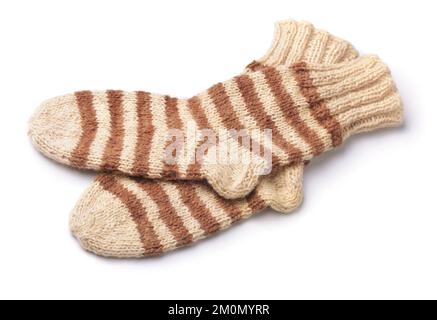 Pair of striped woolen knitted socks isolated on white Stock Photo