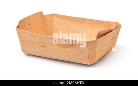 Empty disposable wooden veneer food tray isolated on white Stock Photo