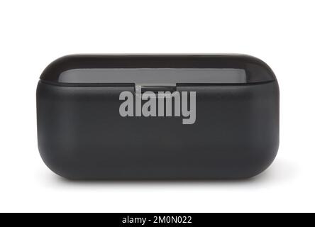 Front view of closed black earbuds charging case isolated on white Stock Photo