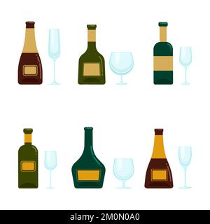 A set of bottles with alcohol and various glasses. Vector objects in flat style, isolated. Alcoholic drinks and crystal glasses Stock Vector