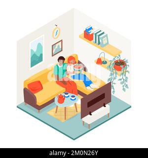A couple in front of TV - modern vector colorful isometric illustration Stock Vector