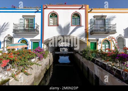 One of the canals of Puerto de Mogan with colorful houses, Gran Canaria, spain Stock Photo