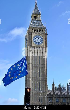 7th December 2022, London, UK . An EU flag flies close to Big Ben. Anti Brexit and anti tory government protesters gathered in Parliament Square to demonstrate their opposition to government policies. This was timed to coincide with PMQs. Credit: michael melia/Alamy Live News Stock Photo