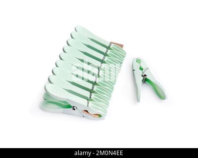 Set of ten clothespins isolated on white background with clipping path Stock Photo