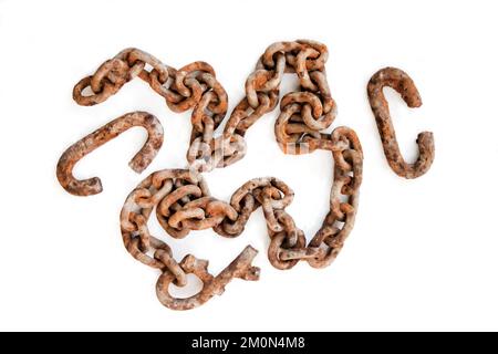 Large old rusty chain on white background. Top view, flat lay Stock Photo