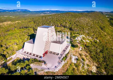 The Temple of Monte Grisa on Karst Plateau mountain above Trieste aerial view, Friuli Venezia Giulia region of Italy Stock Photo